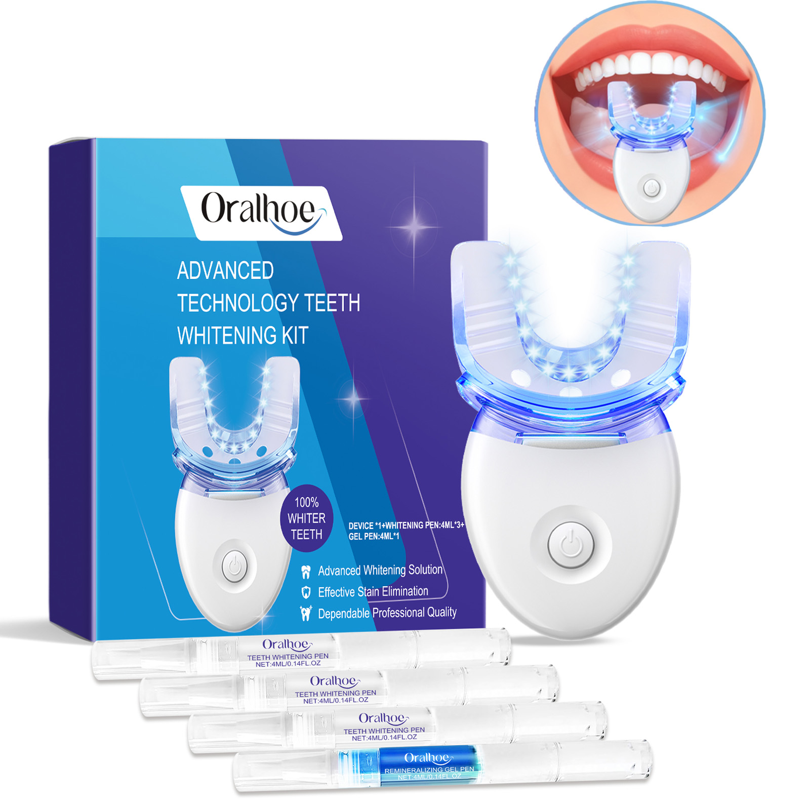 Teeth Whitening Products - プロフェッショナルな歯のホワイトニングLEDライトキット、4倍のホワイトニングジェル、加速ホワイトニングシステム、白い笑顔のためのブルーライトツール